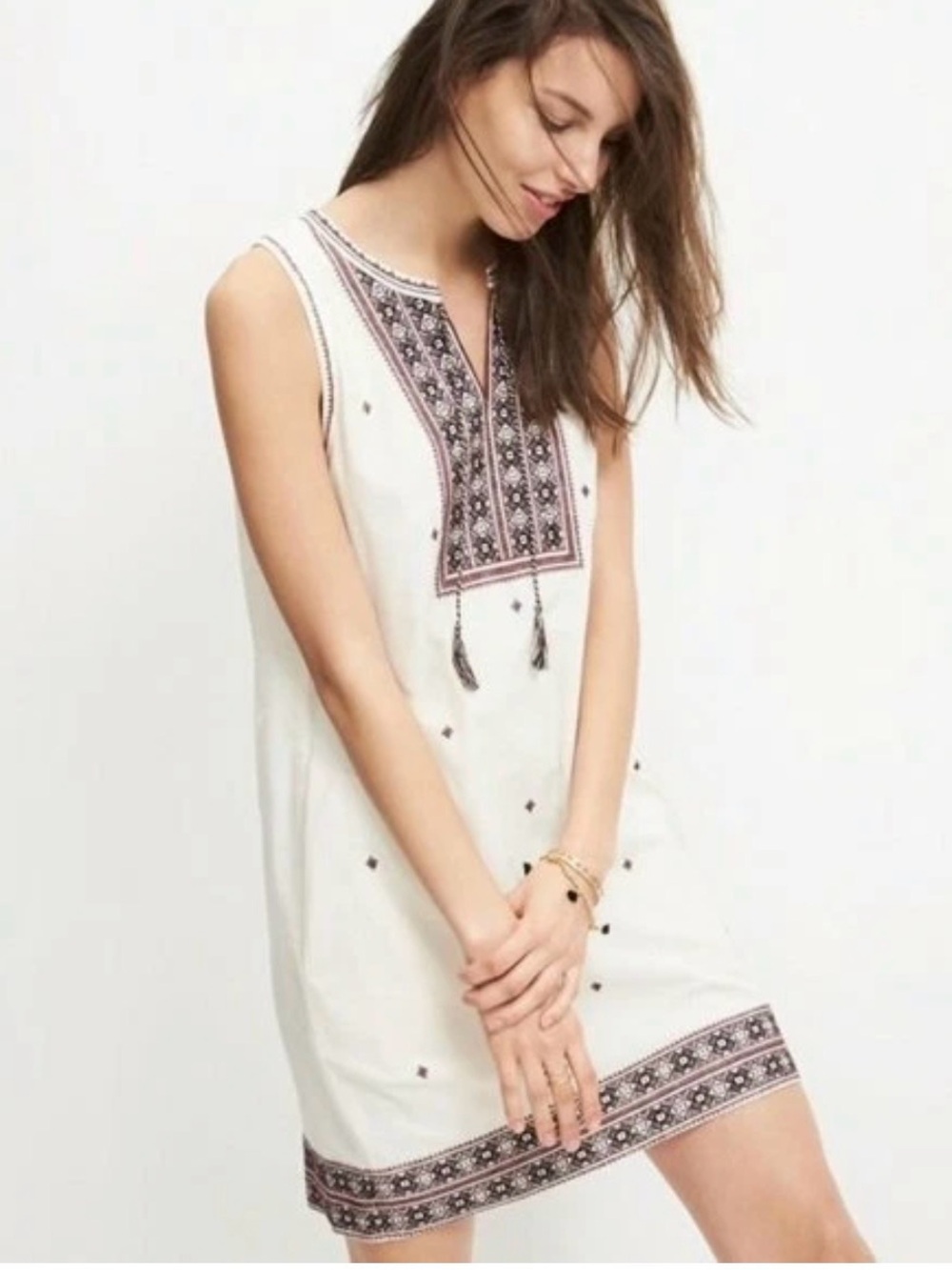 MADEWELL Suncoast Embroidered 100% Bright Ivory Cotton Shift Dress Size 8